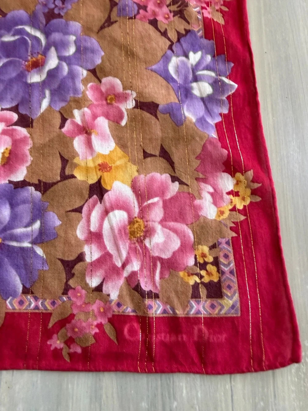 Christian Dior Scarf Vibrant Multicolor Floral Print Gold Shimmer Bandanna